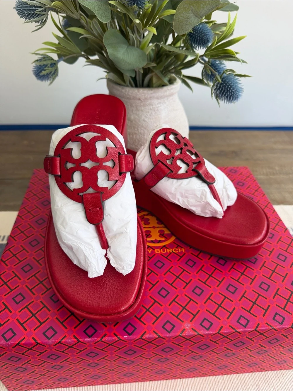 Tory Burch Red Leather Miller Wedge Thong Sandal with Signature Logo
